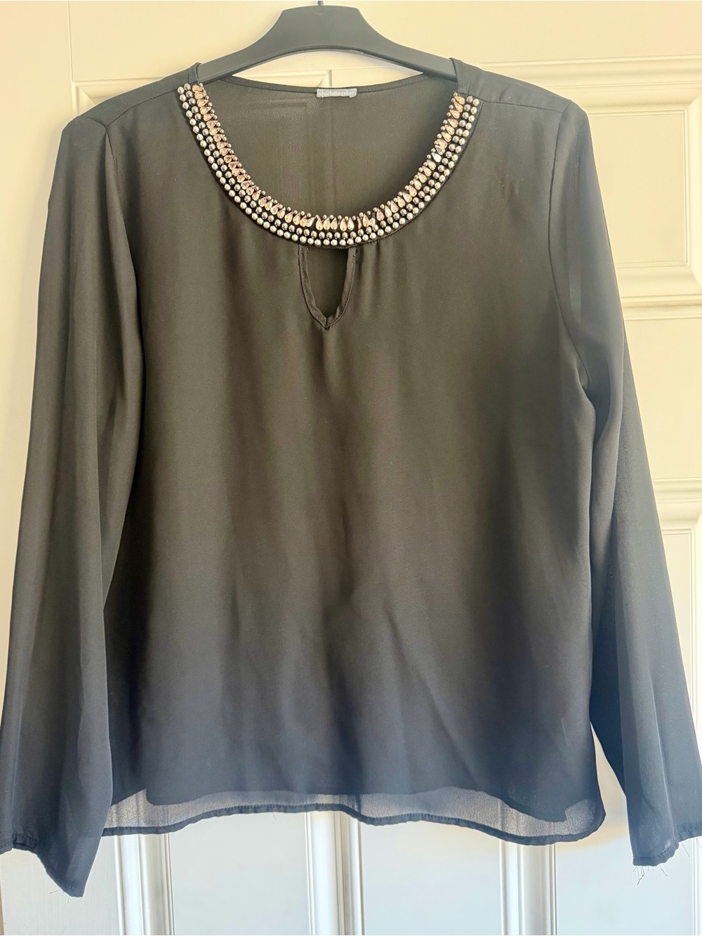 Charlotte Russe Black Long-Sleeve Blouse with Beaded Neckline